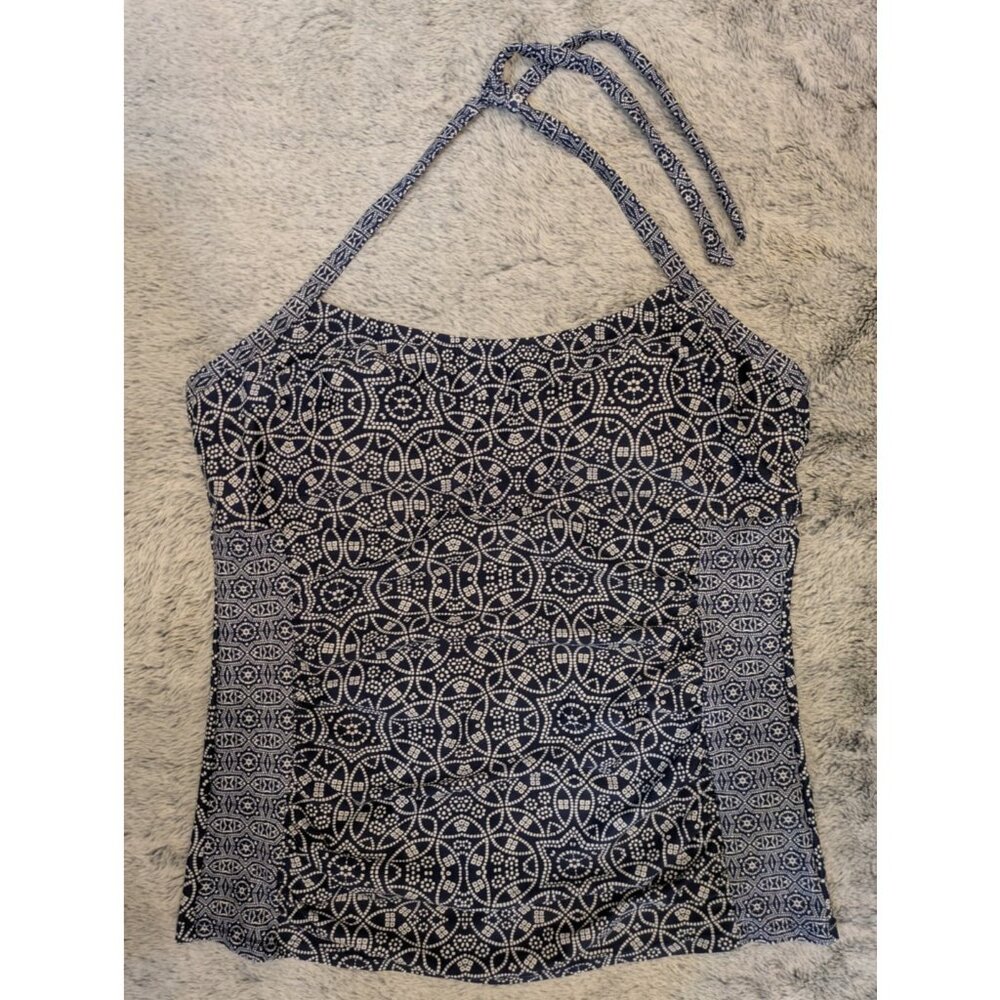 Merona Halter Neck‎ Tankini Swim Top Lg Ruched Blue Geometric